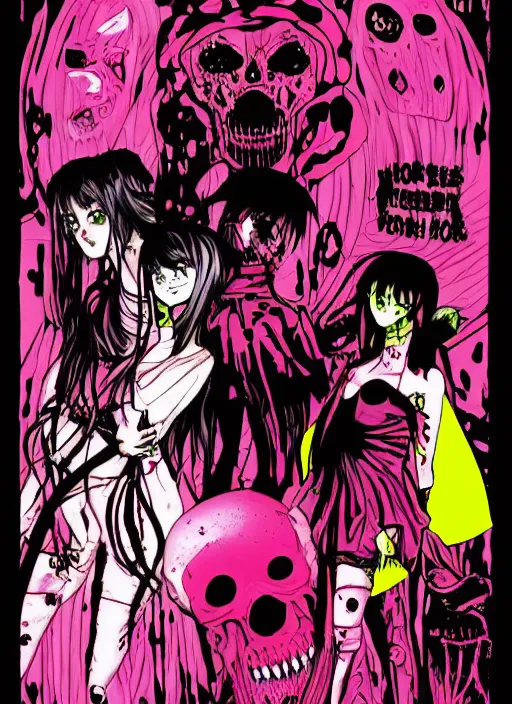 Prompt: horror acid colors, a dark picture comic featuring blood horror and goth anime girls, anime vampires, evil horror vibes