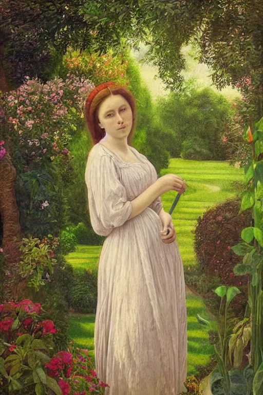 Image similar to beautiful painting of a woman in garden, in the style of the pre - raphaelites, sharp focus, global illumination, highly detailed, masterpiece, award winning, post processing