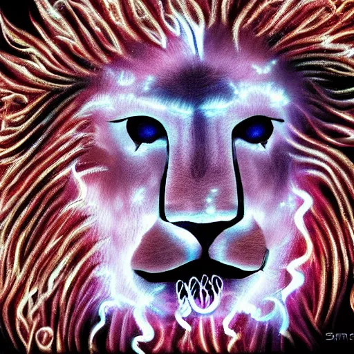 Prompt: a magical lion made of fire surrounded by glowing white runes. by sam kanios