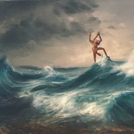 Prompt: a painting of a man drowning in an ocean full of waves