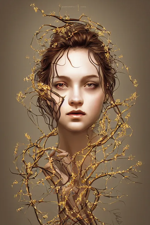 Prompt: stunningly beautiful, prima ballerina in thorny vines, symmetrical face, golden hour, smooth, focus, highly detailed, hyper realistic, dramatic lighting, elegant, intricate, concept art, art by wlop, mars ravelo, greg rutowski, artstation
