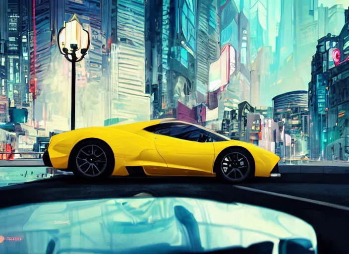 Image similar to a sport car in a city. sharp focus, cinematic pose, cinematic lighting, unreal engine render. art by josan gonzales and moebius and deathburger.