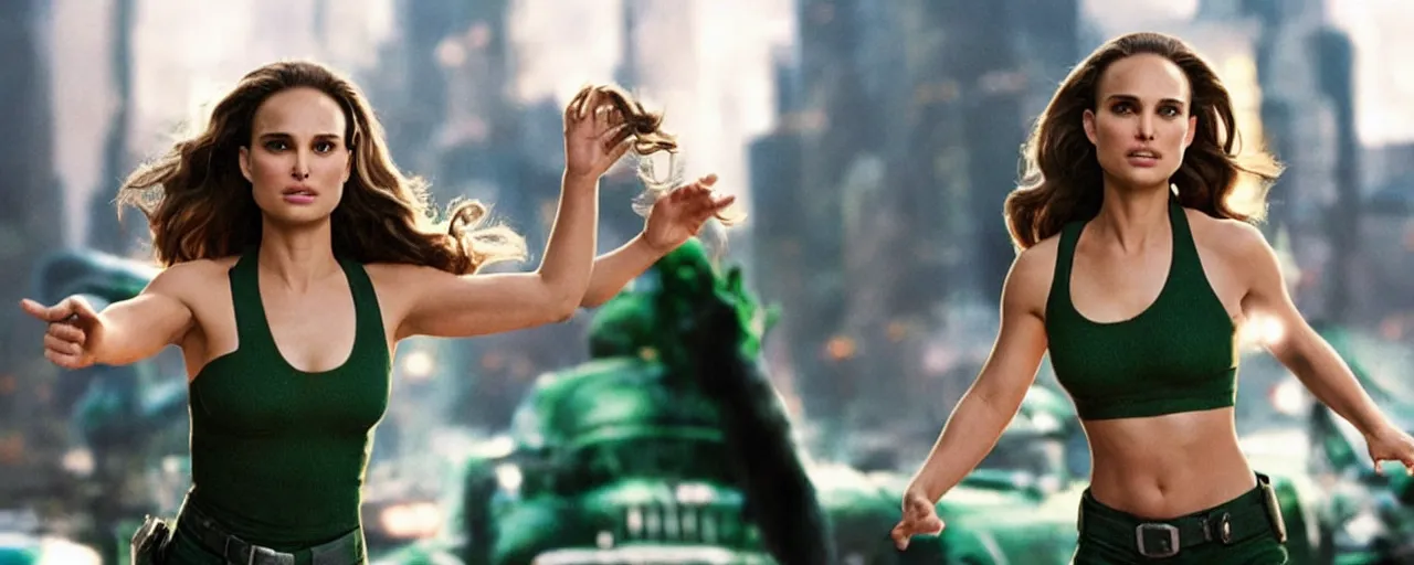 Image similar to “ natalie portman starring as the incredible hulk, film still, studio lighting, wide shot of new york city ”