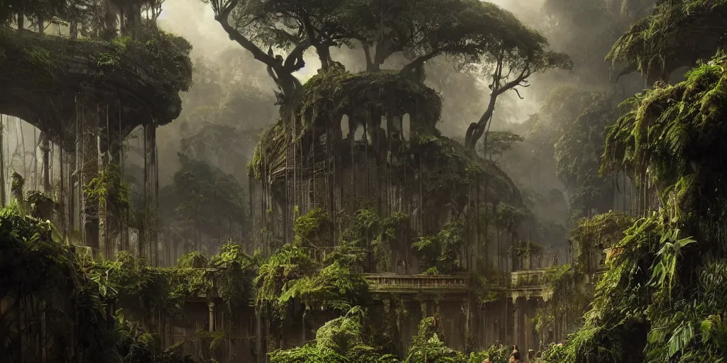 Prompt: An epic matte painting of a lightly overgrown coloseum in the jungle, dark, mysterious, by Greg Rutkowski and Raphael Lacoste, intricate, gorgeous, tropical, stunning, 4k resolution, featured on artstation, f16