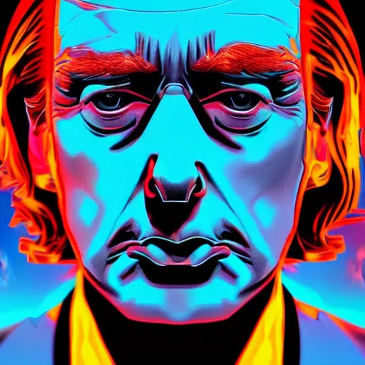 Image similar to synthwave, chromatic, Donald Trump face, detailed face, high resolution