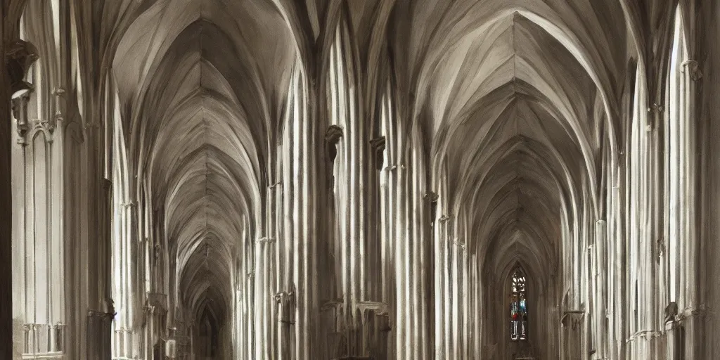 Image similar to a painting of the interior of Kirkwall cathedral, orkney islands, tall columns, bright white morning light casts shadows, architectural, by Pieter Saenredam