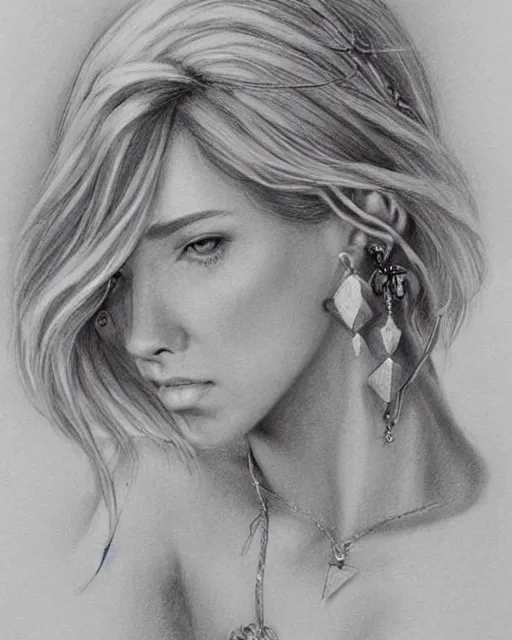 Image similar to pencil drawing of a beautiful greek goddess aphrodite with arrowhead earrings, beautiful piercing eyes, beautiful blonde hair, hyper realistic face, in the style of greg rutkowski, fantasy, amazing detail, epic, elegant, smooth, sharp focus, from the front