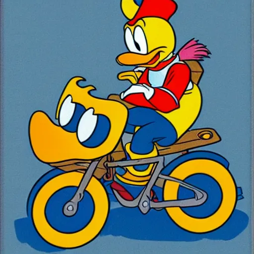 Image similar to donald duck riding a bike, in style of don rosa