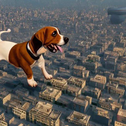 Image similar to gigantic 1 0 0 meters beagle dog attacking a city, epic cinematic, 4 k, very high detail