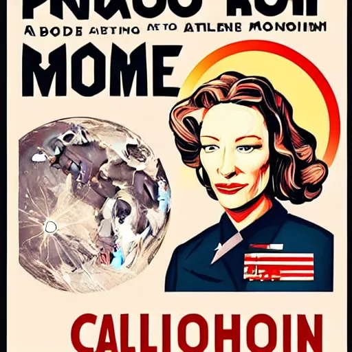 Prompt: propaganda poster for colonizing the moon with cate blanchett, by bonesetell