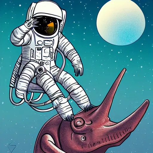 Image similar to an astronaut riding on a dinosaur, digital art