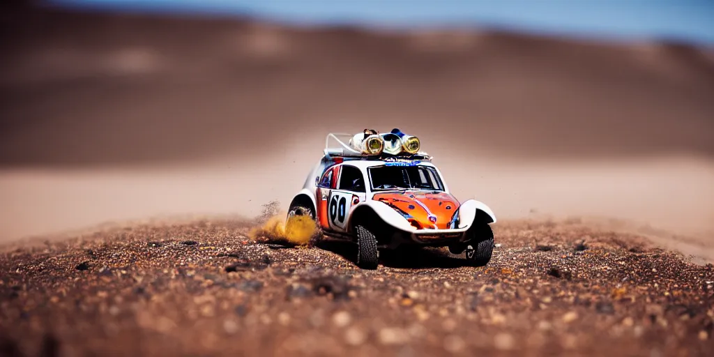 Prompt: Hot Wheels, VW BAJA BUG, cinematic, Maxxis, 8k, depth of field, mexican desert, bokeh, DAKAR.