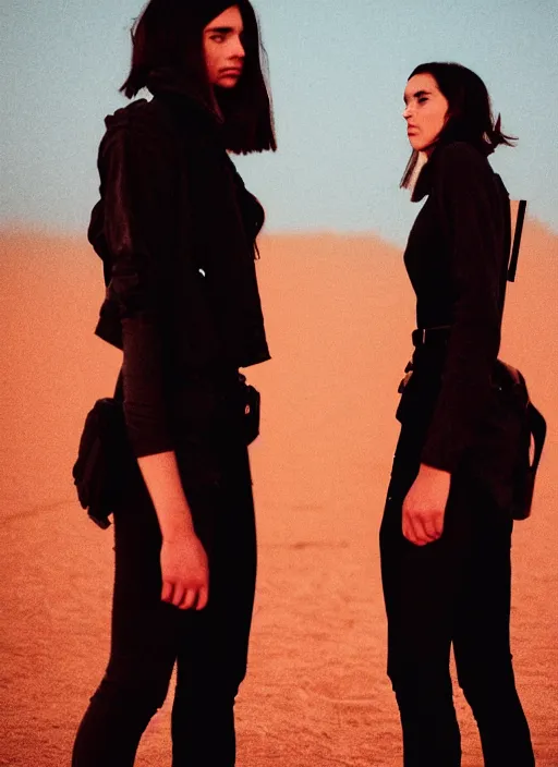 Prompt: cinestill 5 0 d photographic portrait of two loving female androids wearing rugged black techwear standing in front of a brutalist structure on a desolate plain with a red sky, extreme closeup, cyberpunk style, dust storm, 8 k, hd, high resolution, 3 5 mm, f / 3 2, ultra realistic faces, ex machina
