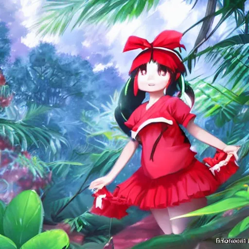 Prompt: a imaginefx of reimu in the jungle wearing bonnet