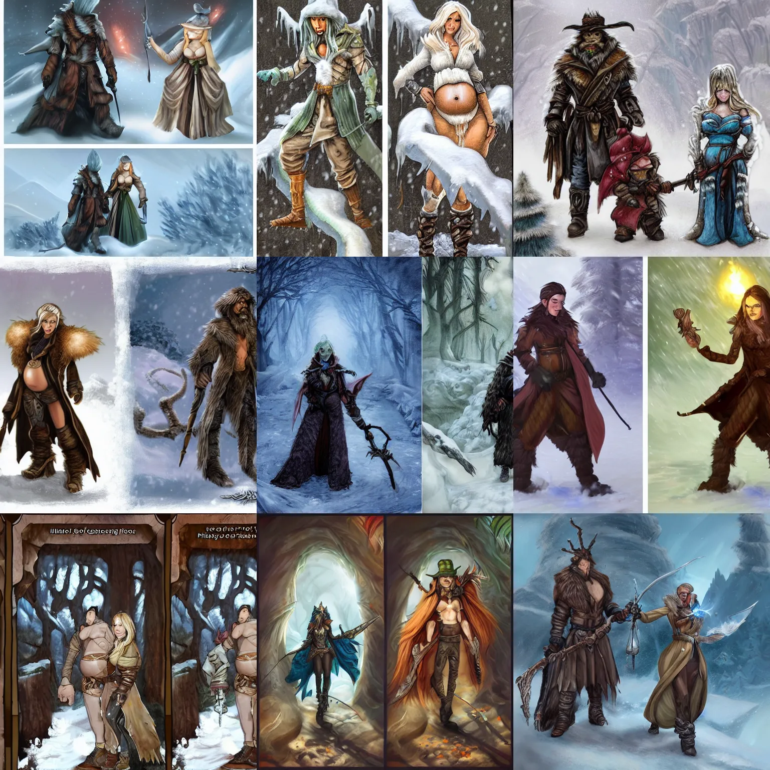 Prompt: fantasy hunter with his pregnant wife side by side, falling snow, theme :'icewind dale ', artist :'justin sweet'and'kristy glas ', godot engine