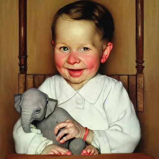 Image similar to a white baby elephant portrait by Norman Rockwell , ultra realistic painting, looking at the camera, smiling, highly detailed illustration, 8k, masterpiece, trending on cgsociety