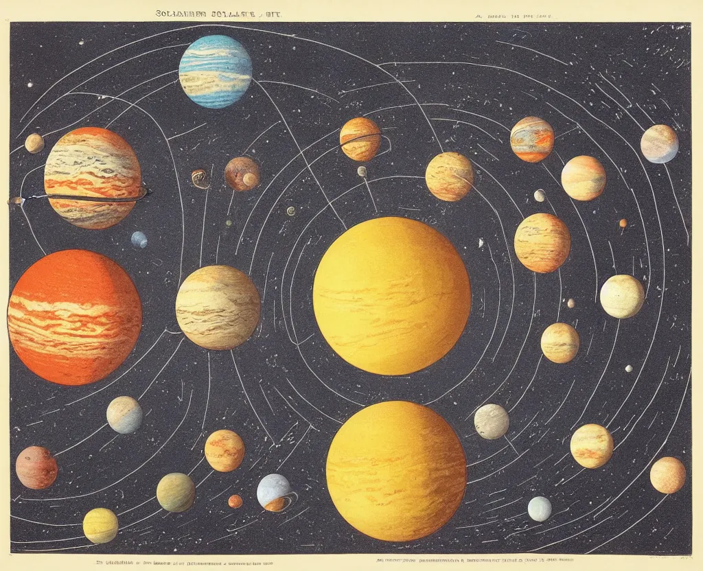 Image similar to color lithograph the solar system by adolphe millot, highly detailed