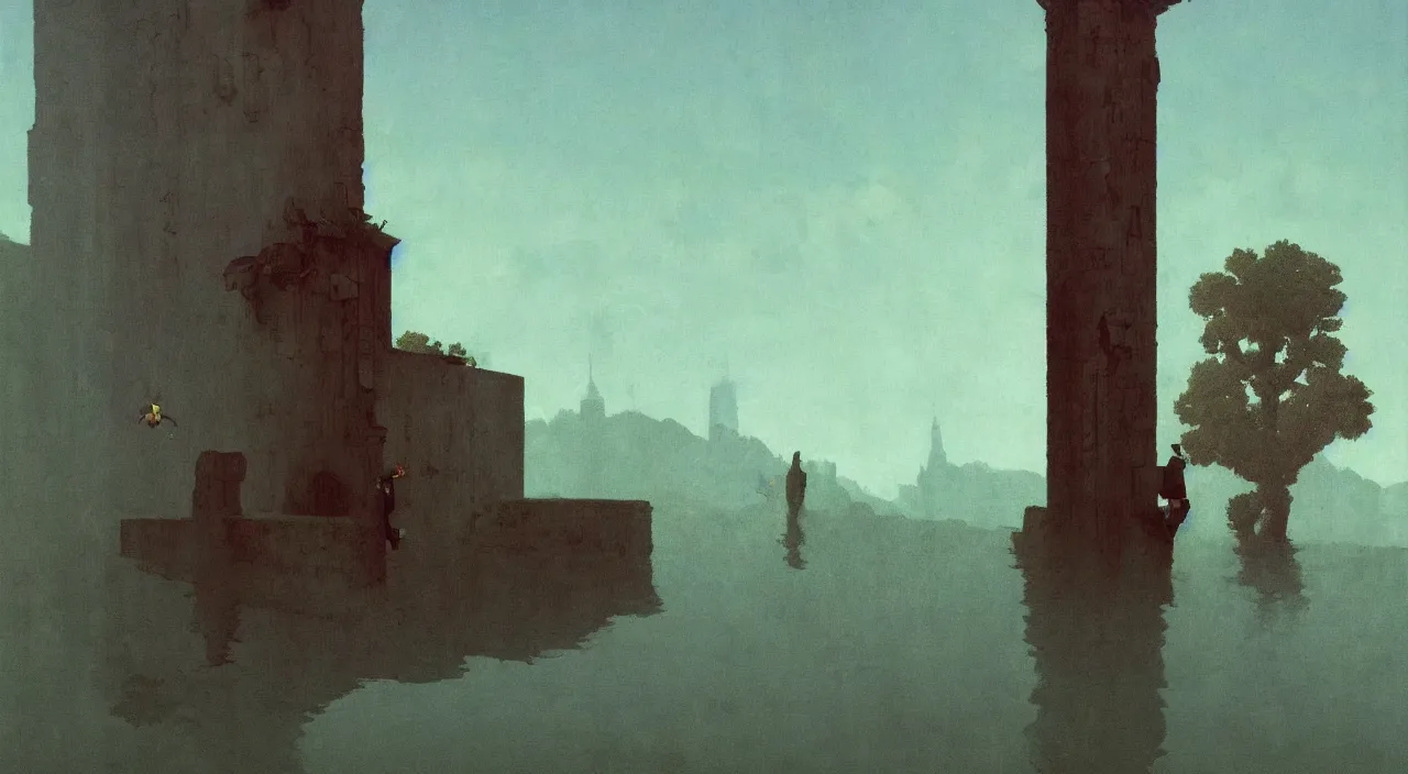 Prompt: single flooded surreal crumbling pillar, very coherent and colorful high contrast!! masterpiece by rene magritte simon stalenhag carl spitzweg syd mead norman rockwell edward hopper james gilleard, minimalist, dark shadows, sunny day, hard lighting