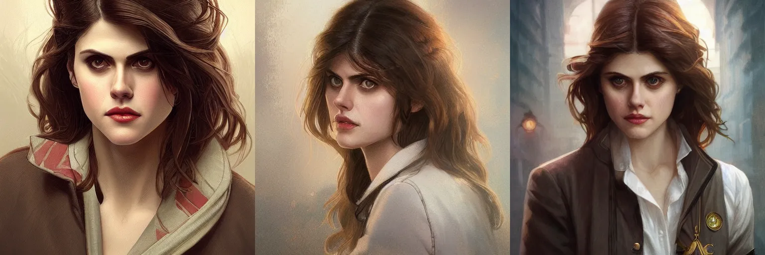 Prompt: portrait of Alexandra Daddario as a detective, highly detailed, digital painting, artstation, concept art, sharp focus, illustration, art by artgerm and greg rutkowski and alphonse mucha