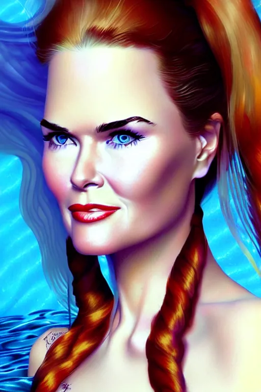 Prompt: mix of beautiful young maria shriver, mariel hemmingway, brooke shields, nicole kidman and elle macpherson as an underwater mermaid, thin lips, hair tied up in a pony tail, dark blonde hair, colorful, artstation, cgsociety