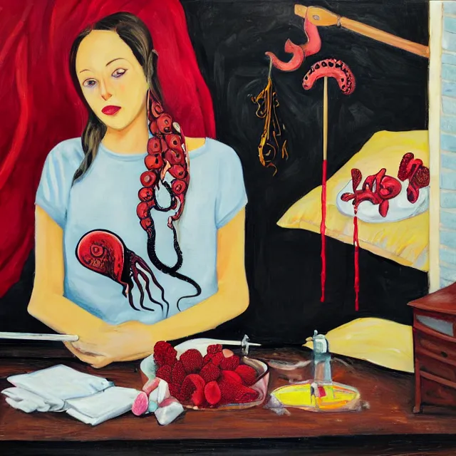 Image similar to a portrait in a female artist's bedroom, black walls, girl eating pancakes, emo t - shirt, sheet music, berries, surgical supplies, handmade pottery, flowers, sensual, octopus, neo - expressionism, surrealism, acrylic and spray paint and oilstick on canvas