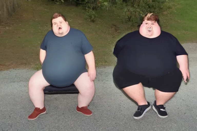 Prompt: An obese man with fat hair, fat legs, fat cheeks, smells fat, and jiggled fatly, spoke fatly
