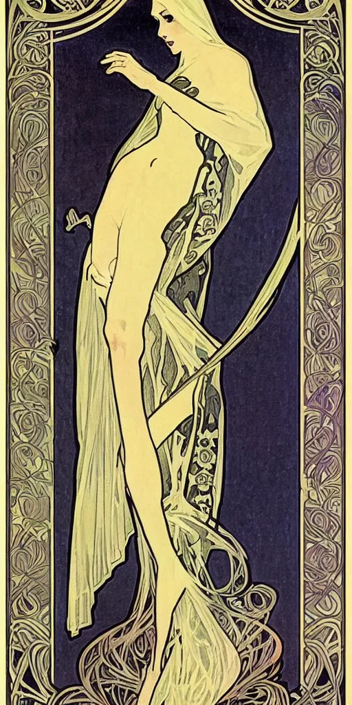 Image similar to an art deco illustration of the grim reaper on a tarot card with an elegant border by alphonse mucha