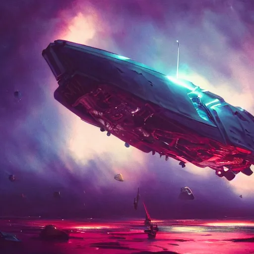 Prompt: wide angle shot, Flying Dutchman sailing in space, scifi robots, neon lights, james gurney, katsuhiro otomo, james paick, cinematic lighting, artstation, vibrant nature, anime style, Craig Mullins, Greg Rutkowski, Pete Morbacher, Tuomas Korpi, tekkon kinreet, volumetric light, artstation, , octane render, redshift render, low angle camera