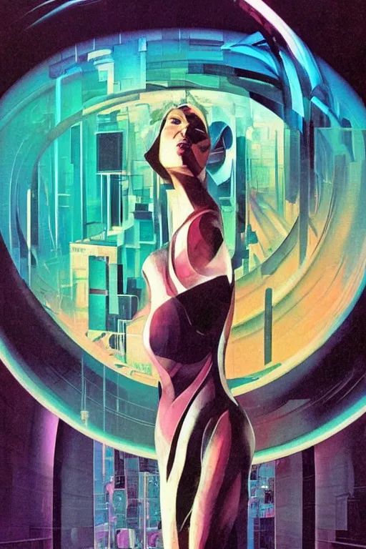 Image similar to wideangle portrait, a dancer among broken tensor fields, madness, decoherence, synthwave, glitch!!, fractured reality, vortex, realistic, hyperdetailed, concept art, art by syd mead, cubism