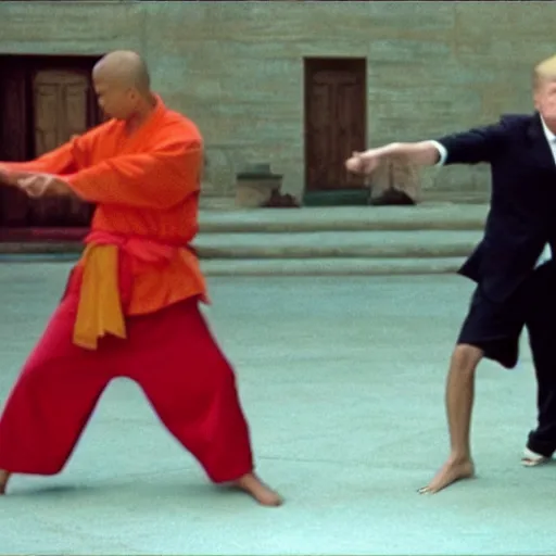 Image similar to film still from The 36th Chamber of Shaolin, Master Donald Trump fights Obama Killer