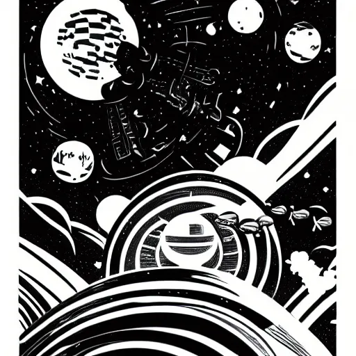 Image similar to colorful mcbess style interstellar war