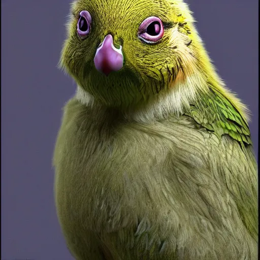 Prompt: photorealistic high resolution 3 d render of kakapo portrait, unreal engine 5, trending on artstation, volumetric lighting, subsurface scattering, highly detailed realistic human skin texture