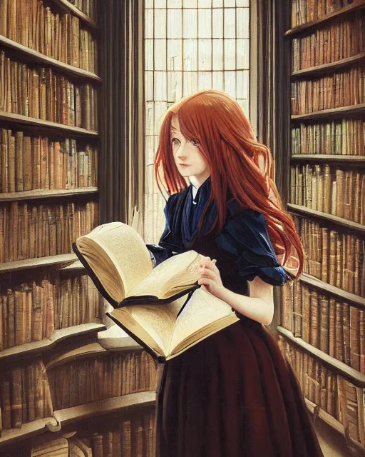 Prompt: a portrait of a victorian maid with long, flowing, auburn hair, detailed face, large eyes, standing in a victorian reading room, window, short bookshelf, holding a stack of books, vivid colors, soft lighting, atmospheric, cinematic, moody, in the style of Ilya Kuvshinov and Range Murata, Krenz Cushart, oil on canvas, anime, 8K