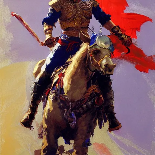 Image similar to portrait of mel gibson as rider with couched jousting lance, colorful caparisons, chainmail, detailed by greg manchess, craig mullins, bernie fuchs, walter everett