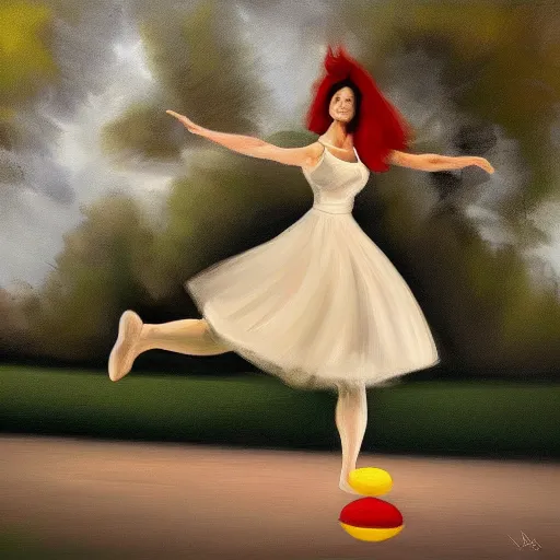 Image similar to woman juggling in the park. Oil painting. Digital painting. Art station. Mood lighting. highly detailed, concept art, intricate, sharp focus, einar jonsson , man ray