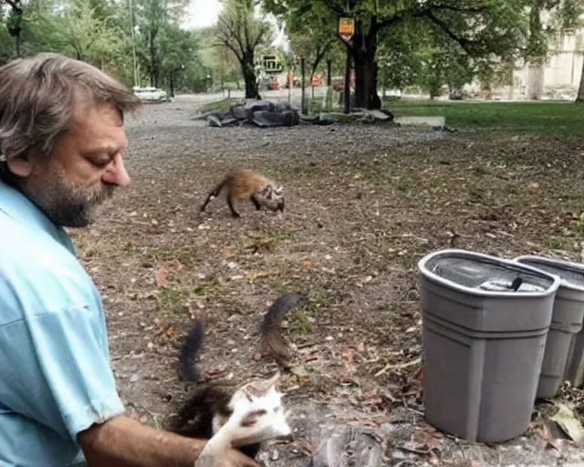 Prompt: slavoj zizek stealing trash from a racoon near a trash container