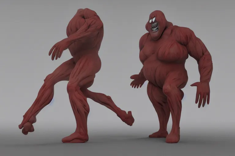 Image similar to a giant horrific clown in the distance, made of flesh and muscles, 3 d render, blender,