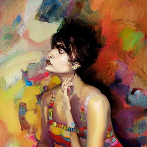 Prompt: portrait of a beautiful stunning girl sitting with legs shown full face and figure seductive sensual alluring attractive, in the style of disco elysium, expressionism, artstation, trending, by aleksander rostov, jenny saville, rembrandt, alex kanevsky, wassily kandinsky, dave mckean, yoshitaka amano