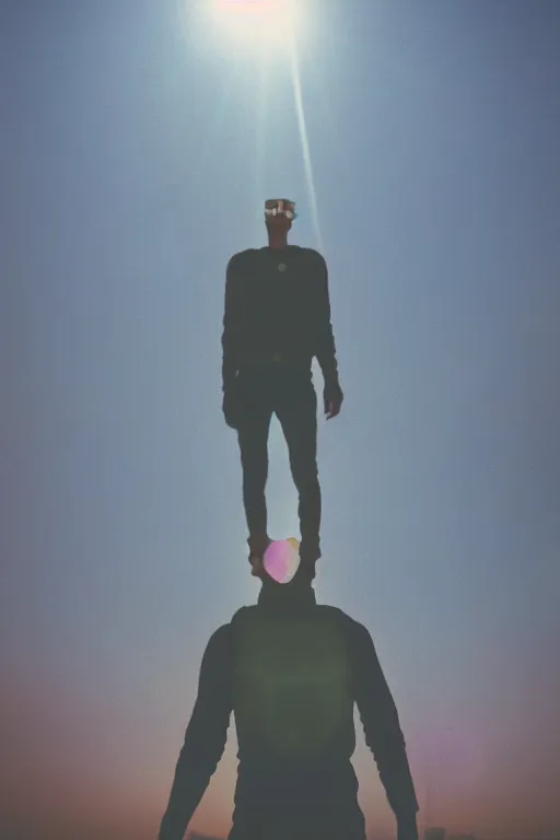 Image similar to agfa vista 4 0 0 photograph of a skinny guy floating in space, futuristic, synth vibe, vaporwave colors, lens flare, flower crown, back view, moody lighting, moody vibe, telephoto, 9 0 s vibe, blurry background, grain, tranquil, calm, faded!,