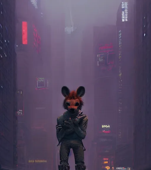 Image similar to new york city portrait of bad boy furry anthro anthropomorphic spotted hyena head animal person fursona wearing clothes strange cybernetic muzzle gloomy rainy screenshot from the video game cyberpunk 2077 digital art by Greg Rutkowski, Simon Stalenhag, christopher nolan trending on Artstation, CGSociety