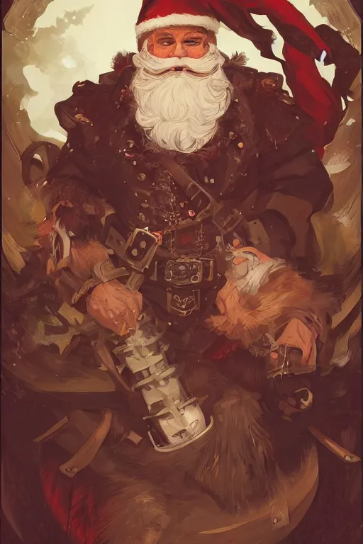 Image similar to evil santa claus steampunk half - cyborg cowboy, pelt coats, high fantasy, dnd, smooth, sharp focus, illustration, highly detailed, digital painting, artstation, concept art, by rossdraws, alphonse mucha, frank fanzzeta, collectible card art