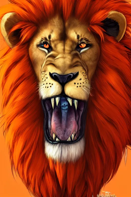 Prompt: portrait of a lion man warrior, fursona, furry art, anthro, light orange fur, detailed long dark orange mane, orange eyes, anime key visual, makoto shinkai