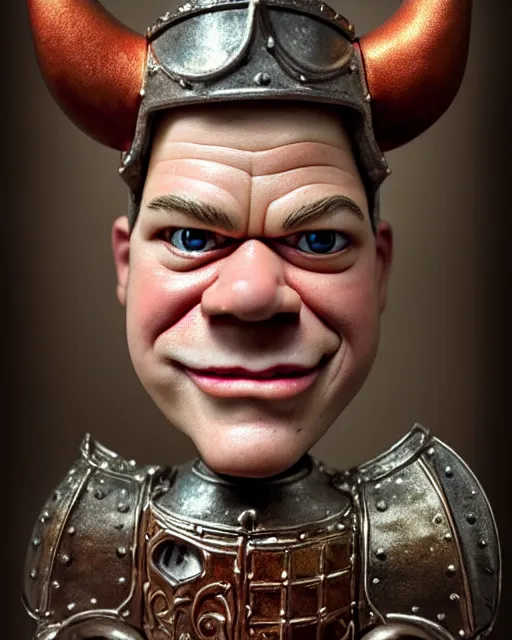 Image similar to highly detailed closeup, face profile portrait of a tin toy matt damon as a medieval demon with horns eating cakes in a castle, hyper realistic, artstation, illustration, nicoletta ceccoli, mark ryden, lostfish, dan decarlo, bob clampett, max fleischer, digital paint, matte paint, vivid colors, detailed and intricate environment