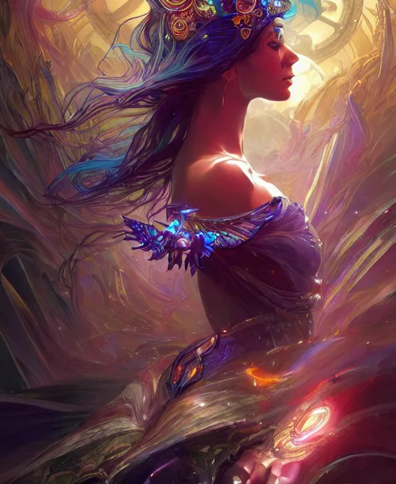 Image similar to a whirlwind of souls rushing inside the metaverse, half body, glowin eyes, tiara with sapphire, pharaoh, android, cyberpunk, d & d, fantasy, intricate, elegant, highly detailed, colorful, vivid color, digital painting, artstation, concept art, art by artgerm and greg rutkowski and alphonse mucha and ruan jia