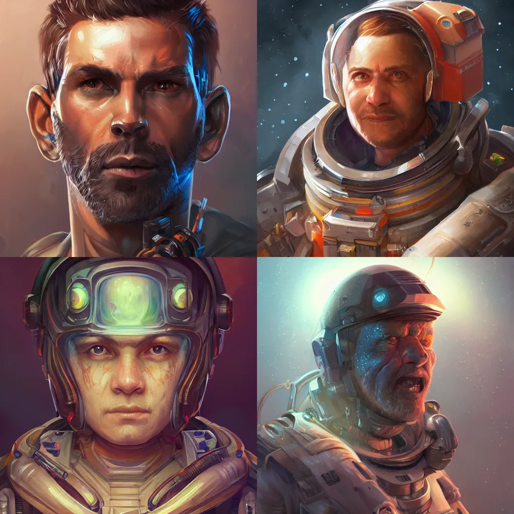 Prompt: Hyperdetailed masterpiece concept art of a half body portrait of a middle age space miner hyperdetailed concept art by Ross Tran, high quality DnD illustration, trending on ArtStation