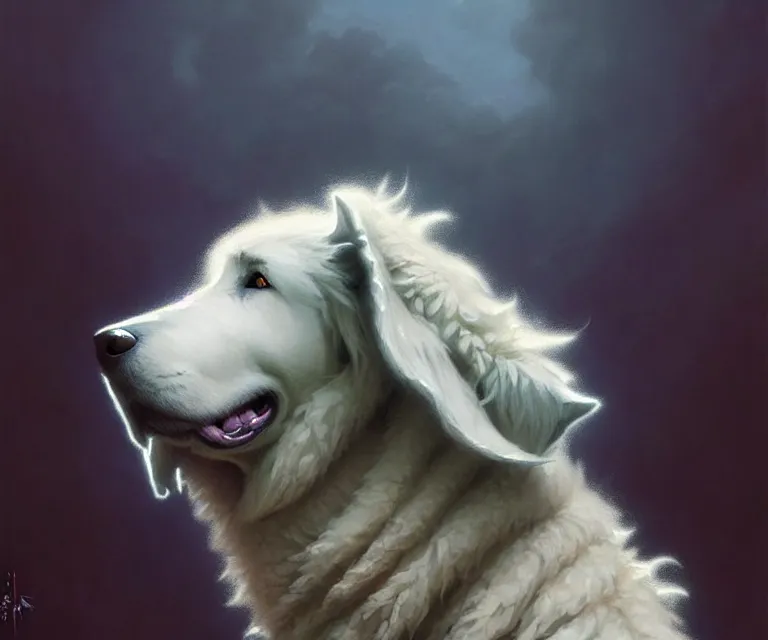 Image similar to beautiful fantasy character portrait of a maremma dog wearing a black hoodie, extra fluffy fur, ultra realistic, dramatic lighting, the fifth element artifacts, highly detailed by peter mohrbacher, hajime sorayama, wayne barlowe, boris vallejo, aaron horkey, gaston bussiere, craig mullins