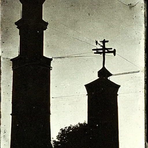 Prompt: grainy 1800s photo of a russian orthodox tower with a mechanical device on it harvesting electricity from the air