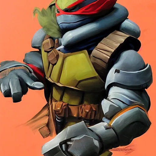 Image similar to greg manchess portrait painting of armored michelangelo of tmnt as overwatch character, medium shot, asymmetrical, profile picture, organic painting, sunny day, matte painting, bold shapes, hard edges, street art, trending on artstation, by huang guangjian and gil elvgren and sachin teng