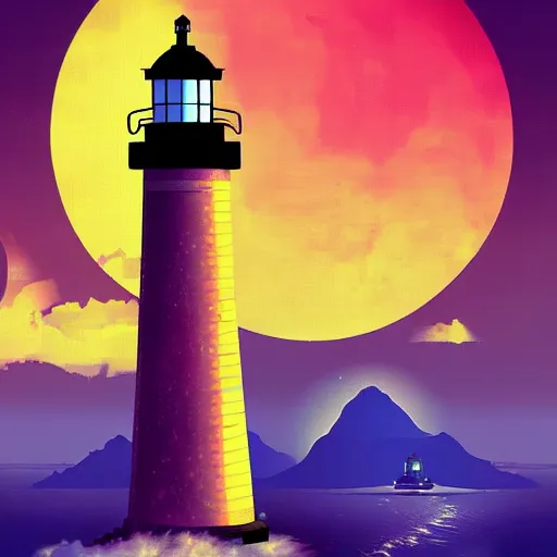 Image similar to lighthouse in the moon, epic retrowave art, trending on art station