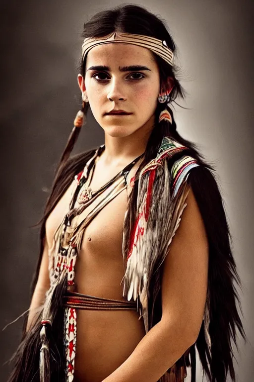 Image similar to Photo of Native American indian woman Emma Watson, portrait, skilled warrior of the Apache, ancient, realistic, detailed, Emma Watson